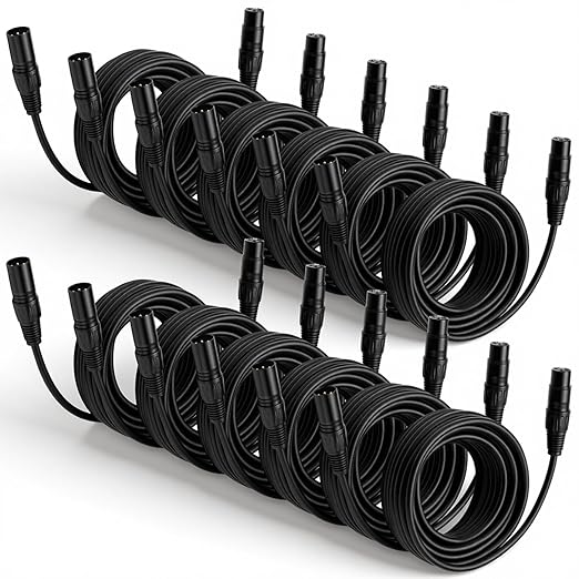 12 Pcs 25 Feet XLR Cable, 3-Pin XLR Male to Female Premium Balanced Microphone Cable, Stage Grade All Copper Conductors for Studio DJ Podcast Mixers Mics PA Systems, Black