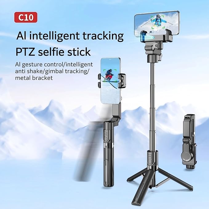 AI Tracking Gimbal Stabilizer for SmartiPhone - 360° Auto Face Follow, Bluetooth Remote, Anti-Shake Tripod for Vlogging/Live Stream, Metal Bracket with Gesture Control