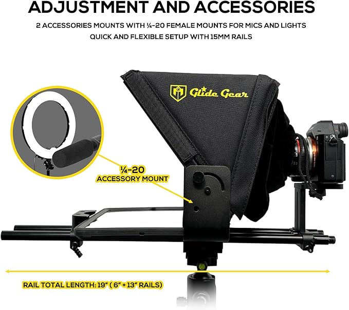Glide Gear TMP 500 Teleprompter – DSLR, Tablet, Smartphone – 12" Glass, 15mm Rails, Hard Case, No Assembly