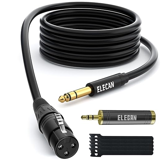 Elecan 6.35mm (1/4 Inch) TRS Male to XLR Female Cable 25 Ft, Balanced Professional Shielded Stereo Microphone Cable Cord, Gold Plated for Mixer AMP Speaker Amplifier with 6.35 to 3.5mm Adapter+Ties