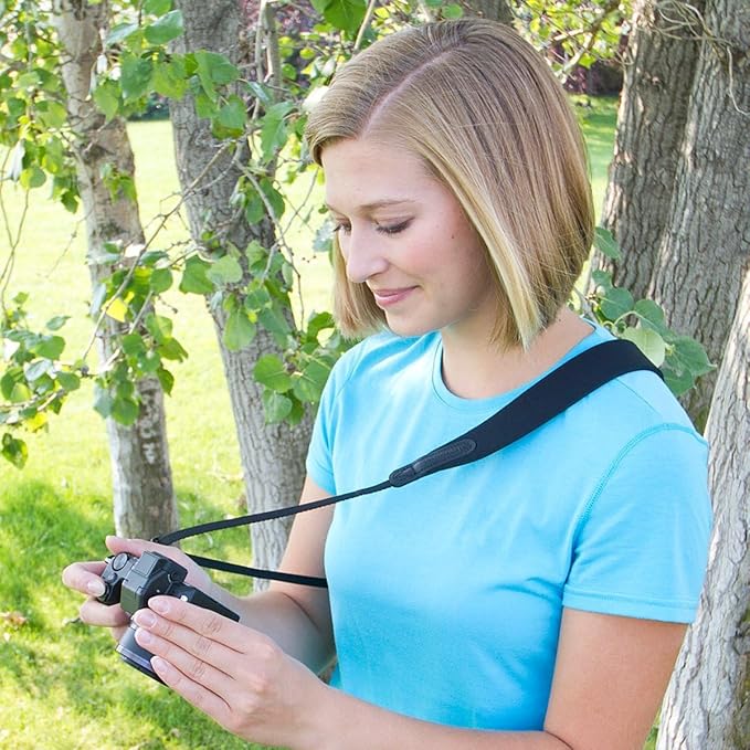 OP/TECH USA Compact Sling - Neoprene Camera Sling for Small Point & Shoot Cameras - Camera Strap With Non-slip Backing with Mini Loop Connectors for SLR/DSLR Cameras - Black - Made in USA
