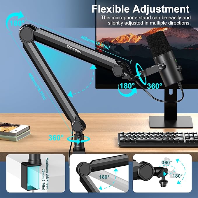 LM08 Mic Arm Stand, 360° Microphone Stand with Cable Management Channels, Desk Clamp, Thread Adapter, Fully Adjustable Built Podcast Mic Boom Arm for Streaming Gaming Recording Black