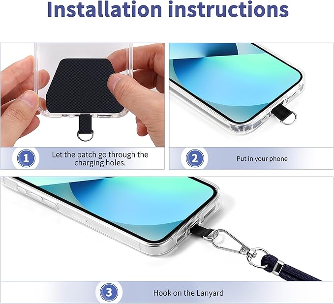 CACOE Phone Lanyard 2 Pcs-2 Pcs Adjustable Neck Strap, 4 Pcs Phone Patches, Universal Crossbody Multifuctional Cell Phone Lanyards Compatible with Most Smartphones(Black+Dark Blue)