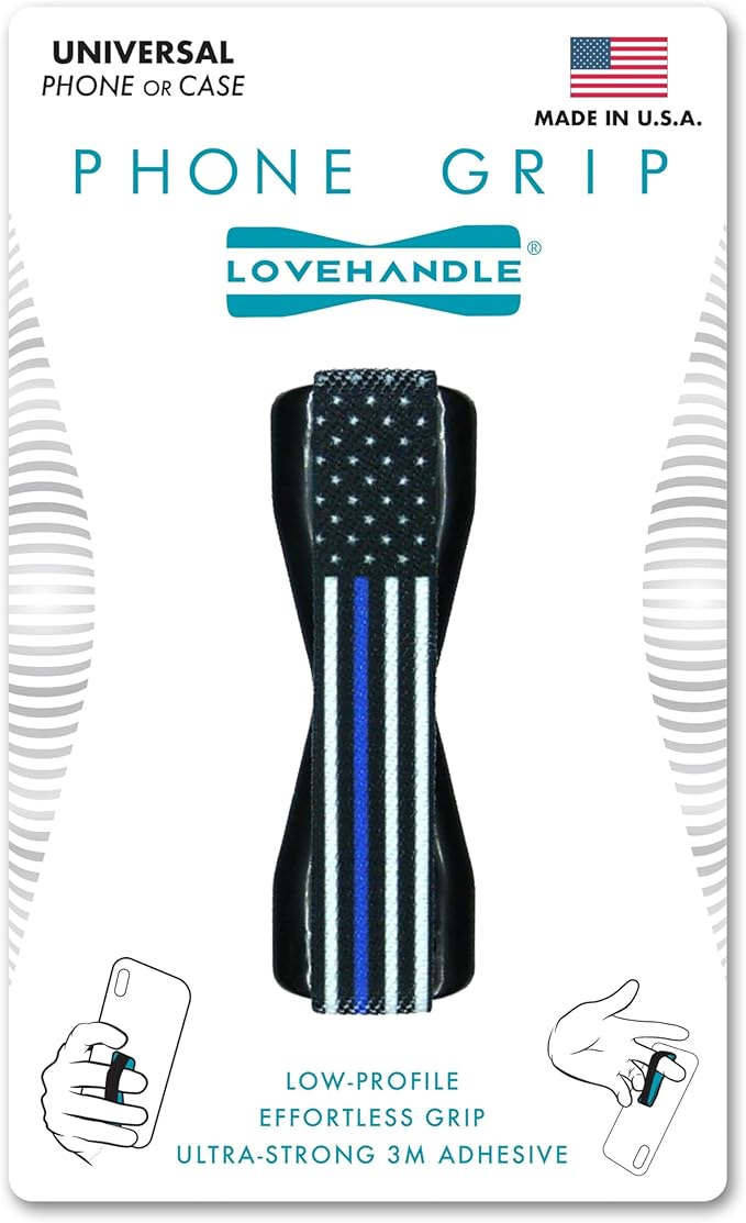 LOVEHANDLE Universal Phone Grip for Smartphones & Mini Tablets - Phone Holder for Hand - Wireless Charging Compatible - Made in The USA - Thin Blue Line Flag