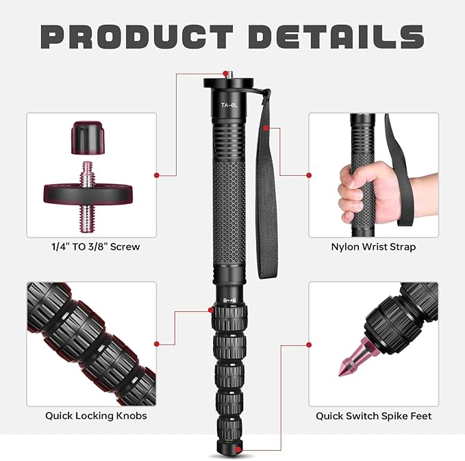 TONYBOO 68.5” Monopod for Camera,Φ32mm 6-Section Aluminum Camera Monopod Stand, with Wrist Strap, Rubber Grip, Twist Locks, Compatible with Photography DSLR Camera Mirrorless, Max Load 33 lbs - TA-6L