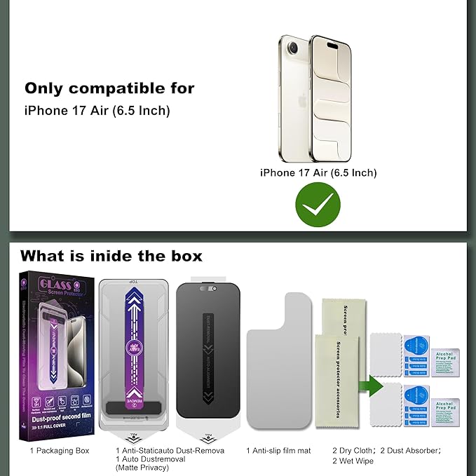 SHANG PIN JIA 2 Pack Matte Privacy Screen Protector for iPhone 17 Air 6.5-Inch Auto Dust Removal, No Bubbles,Anti-Spy Tempered Glass Film, Easy Installation