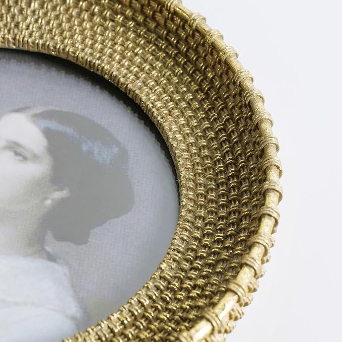 Cuspin Vintage Gold 5x5 Picture Frame, Gold Round Frame Rattan Textured Hand-Crafted Circle Frame with Glass Front, Retro Photo Frame for Tabletop Display & Wall Hanging, Home Decor, Gift Idea