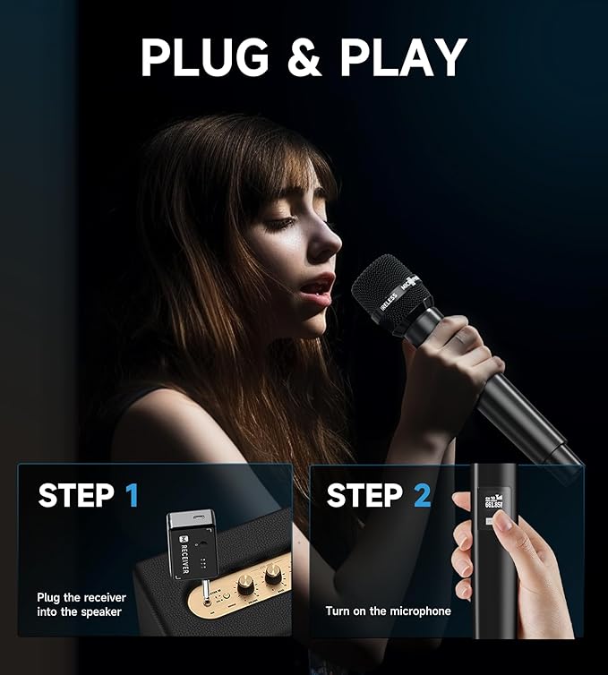 Wireless Microphones, Wireless Microphone with One-to-One Chip Connection, Less latency, 200FT Range, 40H Rechargeable Battery,Plug and Play, Ergonomic Design, Microphone for Singing, Speaker, Party