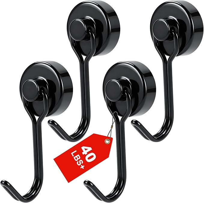MIKEDE Magnetic Hooks 4 Pack, 40Lbs Heavy Duty Neodymium Magnet Hooks Black Magnetic Swivel Hooks for Hanging, Rust Proof Strong Magnets with Hook Magnetic Metal Hanger for Storage