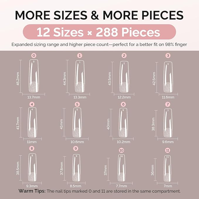 MelodySusie Long Square X Nail Tips - 288Pcs 12 Sizes Clear Acrylic, Half Matte Full Cover Press on Nails for DIY Extension & Salon Use, Pre-Shaped for Long-Lasting Manicure