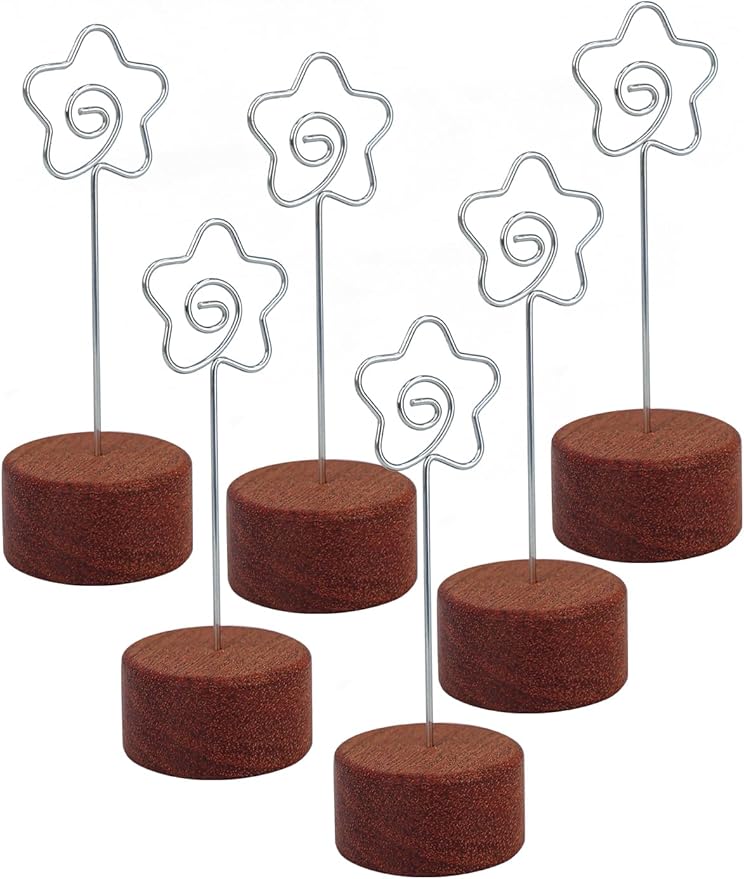 Wood Place Card Holders with Metal Clip 6Pack, 4.3" Tall Table Number/Name Sign Holder, Memo Card Photo Picture Note Clip Stands for Party Restaurant (Silver Flower)
