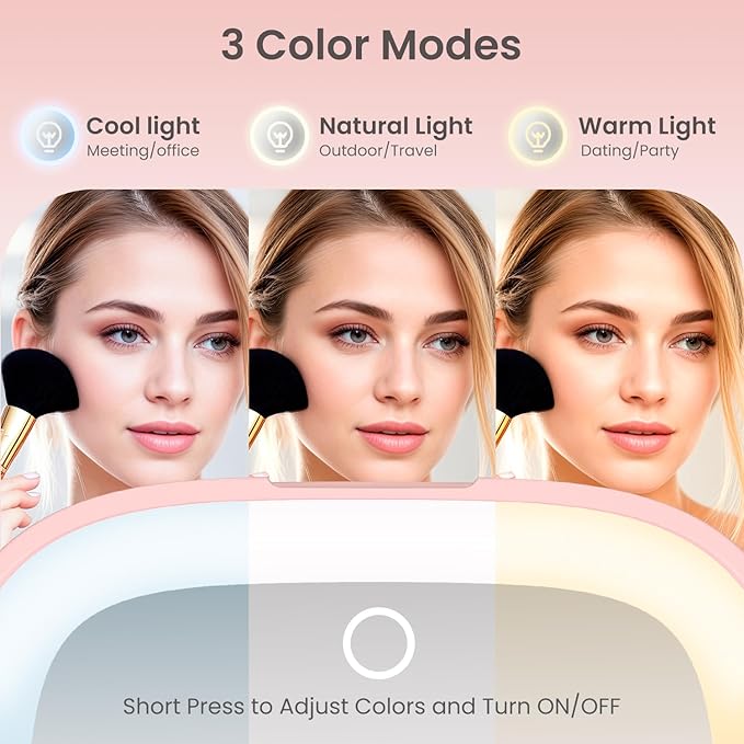 Compact Mirror with Light, 1X/3X Magnification LED Travel Pocket Makeup Mirror with 3 Color Modes, Rechargeable and Dimmable, Portable Lighted Mirror for Women – Pink