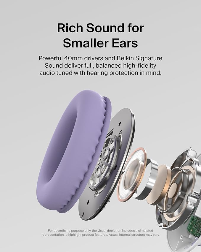 Belkin SoundForm Inspire Wired Over-Ear Headset for Kids, Online Learning & Travel w/Built-in Boom Mic, 85dB Safe Volume Limit - USB-C & 3.5mm - Compatible w/iPhone, iPad, Galaxy & More - Lavender