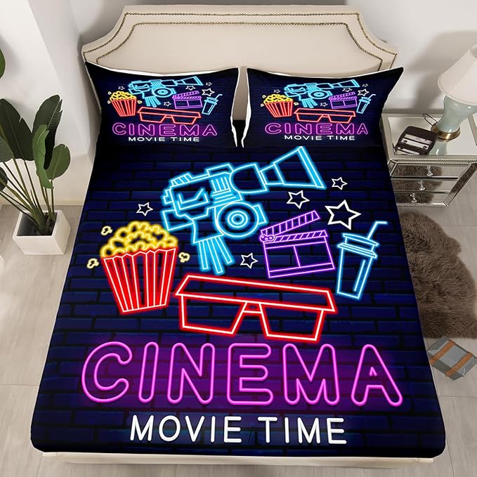 Erosebridal Movie Bed Sheets Set for Boys Girls Family Home Theater Decor Sheet Set Twin Size Retro Film Style Sheets Movie Themed Fitted Sheet Vintage Popcorn Print Flat Sheet
