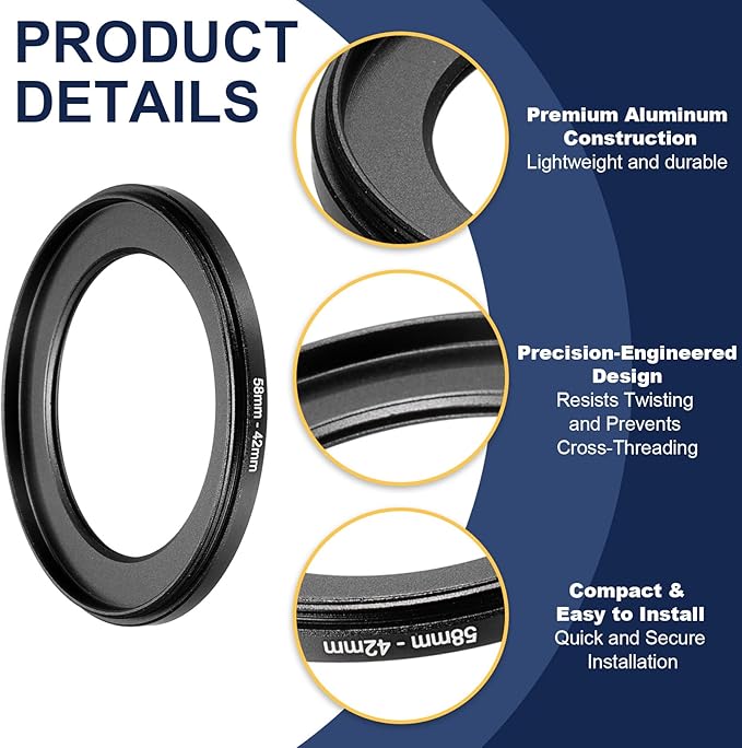 PATIKIL Step Down Ring Adapter 58mm to 42mm, 2 Pcs Filter Step-Down Rings Camera Lens Filters Metal Ring Digital for ND IR DSLR Lenses, Black