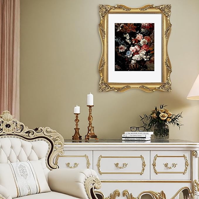 Vintage Gold 11x14 Picture Frame with Mat for 8x10 or 11x14 Photos, Real Glass, Ornate Baroque Gothic Victorian Frames for Wall Display