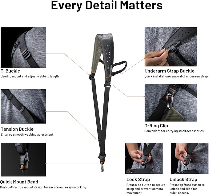 PGYTECH Camera Strap Pro, Professional Camera Harness with Detachable Underarm Strap QR Camera Shoulder Straps, Leather Ergonomic Shoulder Pad Neck Strap for DSLR/Mirrorless Cameras, Black