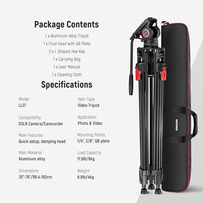 NEEWER 76" Video Camera Tripod with Fluid Head, One Step Quick Release Heavy Duty Aluminum Portable Tripod Stand with Cleaning Cloth, Dual Mode QR Plate for DSLR Camcorder, Max Load 17.6lb, LL27