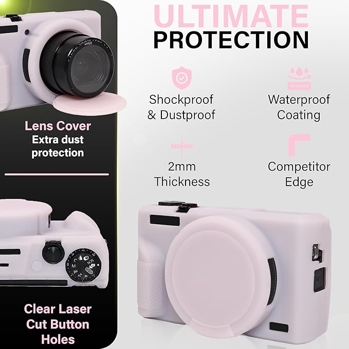 STSEETOP Camera Case for Canon PowerShot G7X Mark III - Protective Silicone DSLR Skin with Lens Cover, Detachable Cage, Shockproof, Dustproof (Jelly Pink)