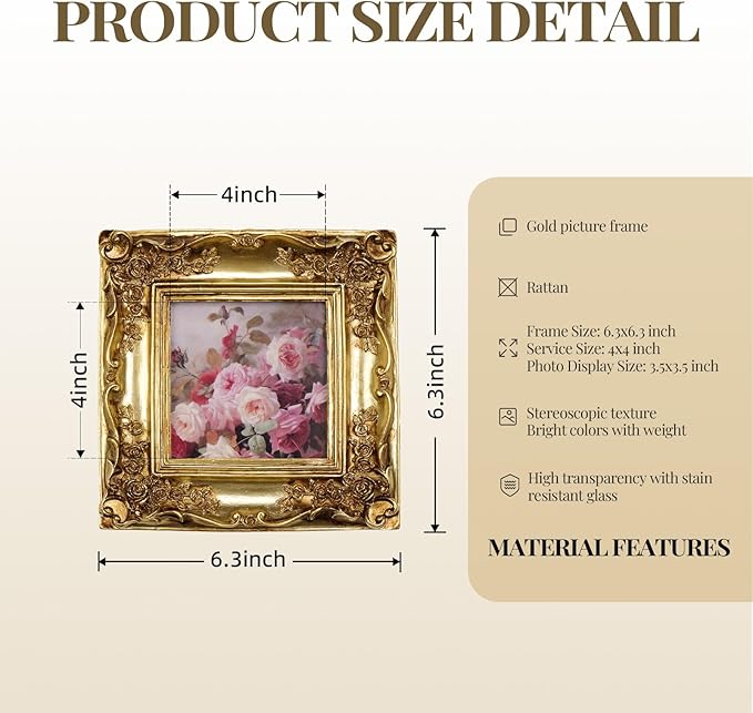 Cuspin Ornate Gold Picture Frame 4x4, Vintage Square Resin Photo Frame with Rose Floral Carvings, Glass Front, Tabletop Easel & Wall Mount (Horizontal/Vertical), Fits 4x4 Photo