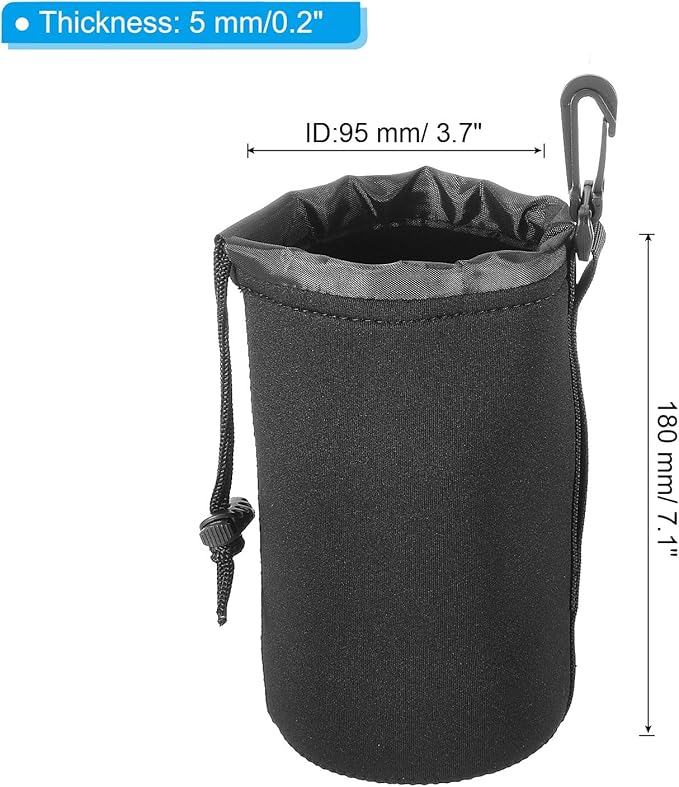 Patikil 3 Pcs 3.7" x 7.1" Drawstring Lens Pouch with Thick Protective Neoprene, DSLR Camera Lens Case for Water, Coffee Cups - Black