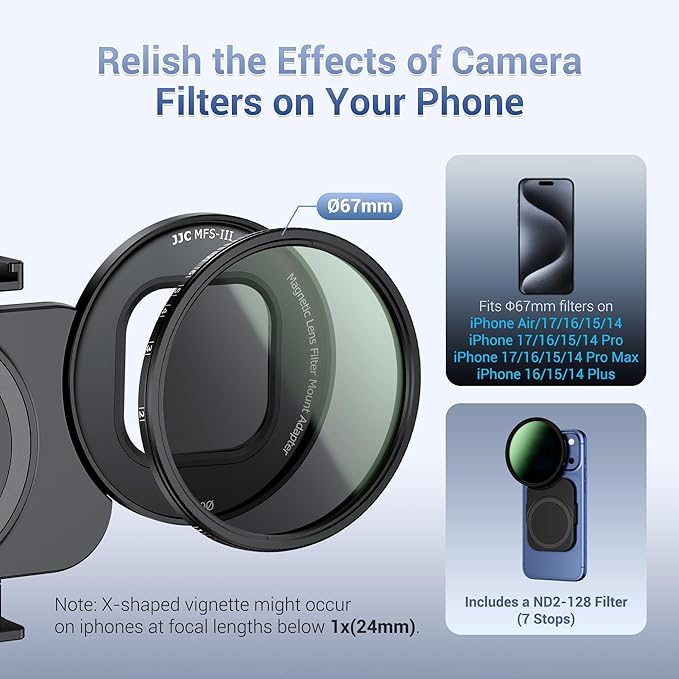 Upgraded 67mm ND Filter for iPhone 17, Magnetic Lens Filter Adapter with ND2-128 Variable ND Filter for iPhone 17 16 15 14 Pro Pro Max Plus, Phone Lens Filter Mount with 1/4-20" Screw & Cold Shoe