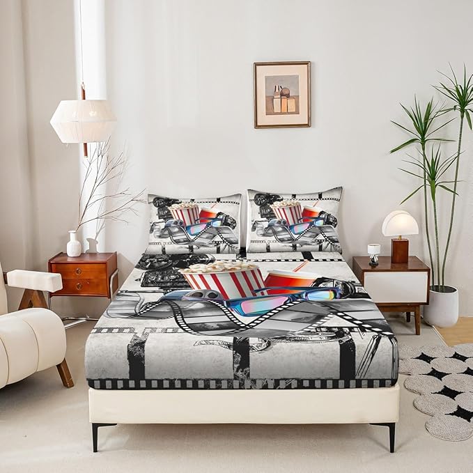 Erosebridal Movie Themed Sheet Set Twin for Boys Girls Family Vintage Cinema Style Bed Sheets Set Home Theater Decor Sheets Film Theme Fitted Sheet Retro Clapboard Popcorn Filmstrip Print Flat Sheet