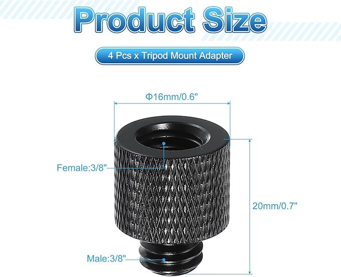 PATIKIL Tripod Screw Adapter 3/8" Male to 3/8" Female, 4 Pcs Tripod Nut Connectors Camera Mount Screw Camera Double Head Converter for Microphone Holder Magic Arms Accessories, 20 mm