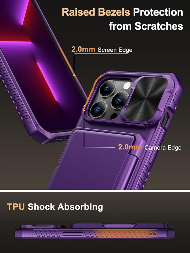 Vihibii for iPhone 13 Pro Wallet Case with Card Holder (4 Cards), [RFID Blocking] & Slide Camera Lens Cover & Raised Edges Protect Screen, Shockproof Rugged Case for iPhone 13 Pro, 6.1", Dark Purple
