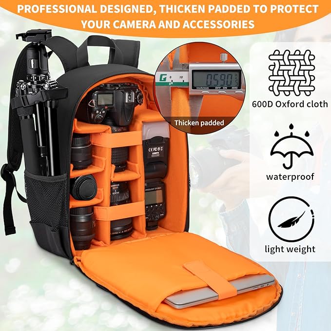 IPEB Camera Backpack for DSLR/SLR/Mirrorless Bag Professional Waterproof Camera Case 11"X5.9"X15" for Photographers Grey Black Orange