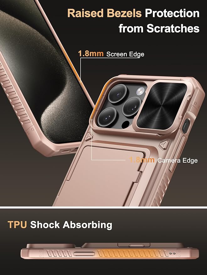 Vihibii for iPhone 15 Pro Max Wallet Case with Card Holder (4 Cards) & Slide Lens Cover & Stand, Shockproof Rugged Hard Back & Raised Edges Protection Case for iPhone 15 Pro Max, 6.7" 2023, Rose Gold