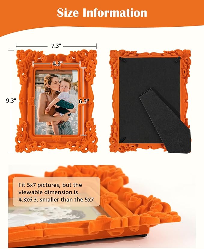 Picture Frames 5x7 for Drawings Prints, Small Colorful Decorative Frame with Real Glass/Stand, Retro Ornate Memorial Frame Gift for Wedding Baby Shower Retirement (Orange)
