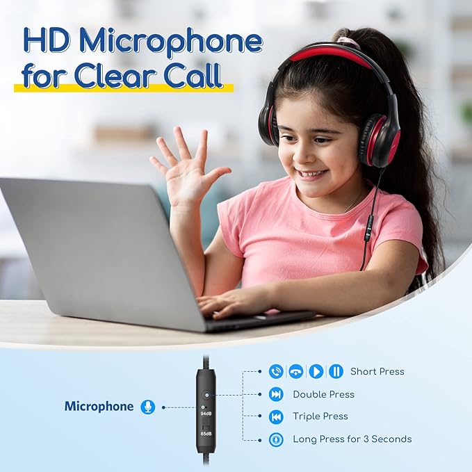 EarFun K1 Kids Headphones Wired with Microphone, 85/94dB Volume Limit Headphones for Kids, Portable Wired Headphone with Shareport, Stereo Sound Foldable Headset for School/Tablet/iPad, Black Red