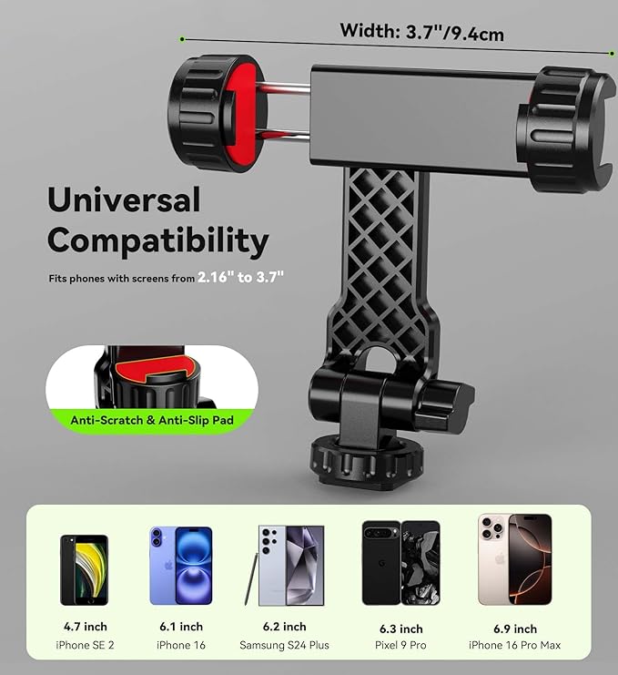 Phone Tripod Mount, Universal Smartphone Holder with 2 Cold Shoe Mount Adapter and 1/4" Standard Screw Thread, 360°Rotation & 180°Tilt Phone Clamp Compatible with iPhone & Android for Photography