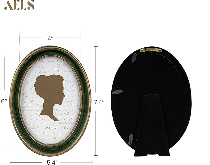 AELS 4x6 Inch Vintage Picture Frame, Elegant Antique Photo Frames with Glass Front, Photo Display, Tabletop Wall Hanging, Gift Ideas, Green Oval with Gold Trim