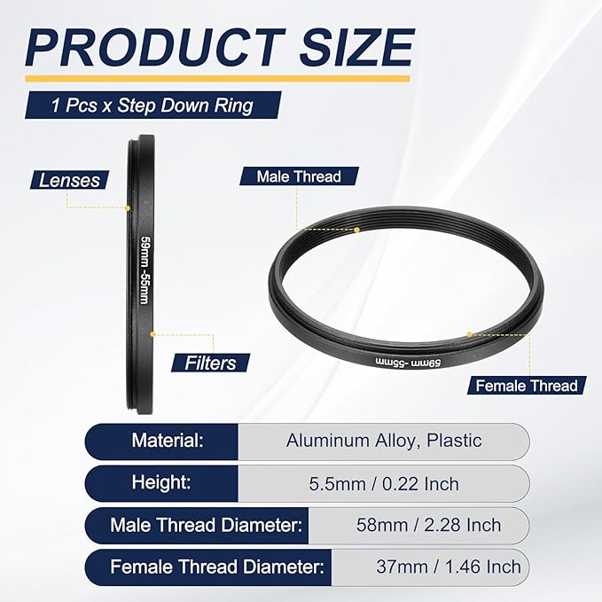 PATIKIL Step Down Ring Adapter 59mm to 55mm, Filter Step-Down Rings Camera Lens Filters Metal Ring Digital for ND IR DSLR Lenses, Black