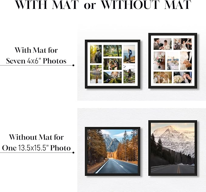 4x6 Picture Frame Collage 7 Openings, 13.5"x15.5" Multi Photo Collage Frame 4"x6" Gallery Wall Decor Wooden, Black Frame with White Mat, Wood
