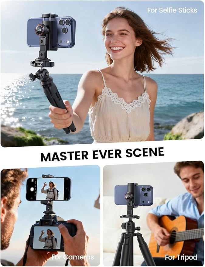 Lamicall Aluminum Phone Tripod Mount with 3 Cold Shoes & Arca Port & 1/4" Thread, [Wider Clamp] Camera Phone Holder Adapter Valentines Day Gift for iPhone 17 Smartphone Tripod Cell Phone Holder