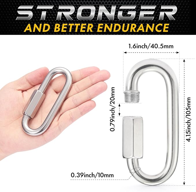 Sprookber Stainless Steel Quick Links - 304 Heavy Duty Chain Connector, Screw Locking Carabiner, Hooks, Set of 4