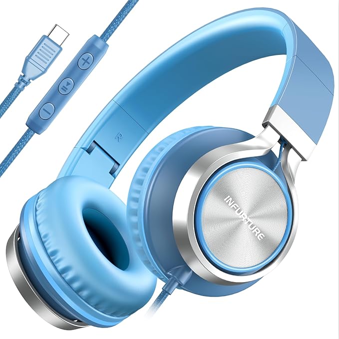 INFURTURE USB C Headphones with Mic,Volume Control,Tangle-Free Plaiting Line,Type C Headphones Wired,Lightweight Foldable for iPhone 15/16 Headphone Series/Tablet/School/Travel/Sports/Audiobooks