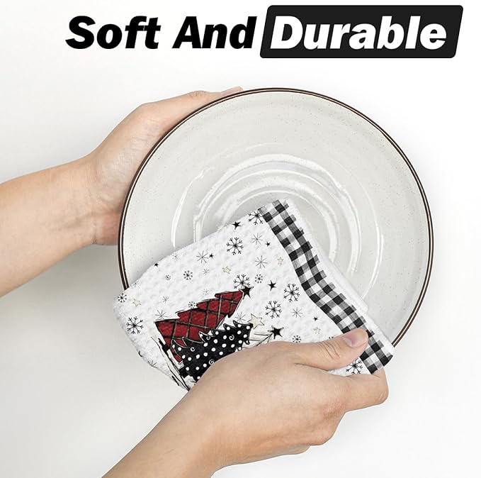 Artoid Mode Black Xmas Tree Snowman Merry Christmas Kitchen Dish Cloths, 12x12 Inch Quick Dry Microfiber Dishcloths for Kitchen Dish Rags Set of 4