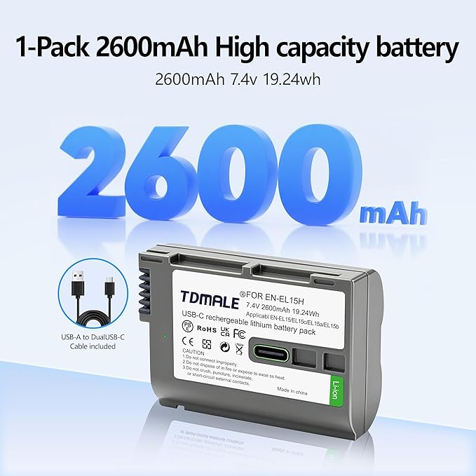 1-Pack 2600mAh High Capacity Replacement Battery for EN-EL15/EN-EL15B/EN-EL15C with Type-C Direct Charging Port Compatible with Nikon EN-EL15 Z6 Z7 Z6iii Z7ii Zf D500 D7000 D800 D850 Camera