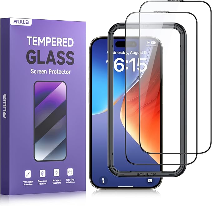 ruwa Screen Protector for iPhone 15 Pro [6.1 Inch][2-Pack] Tempered Glass with Easy Installation Frame, HD Clear,Anti-Scratch,Full Coverage