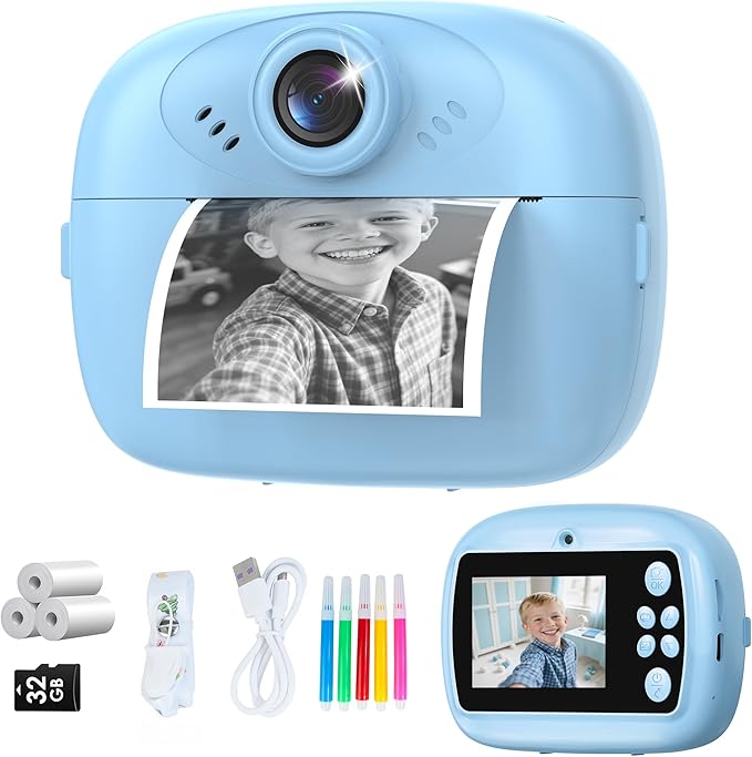 Kids Camera Instant Print, 1080P Digital Camera for Kids with 32GB SD Card, Toddler Boy Toys Birthday Festival Gifts for Boys Age 3-10, Portable Travel Toys for 3 4 5 6 7 8 9 10 Year Old Boys