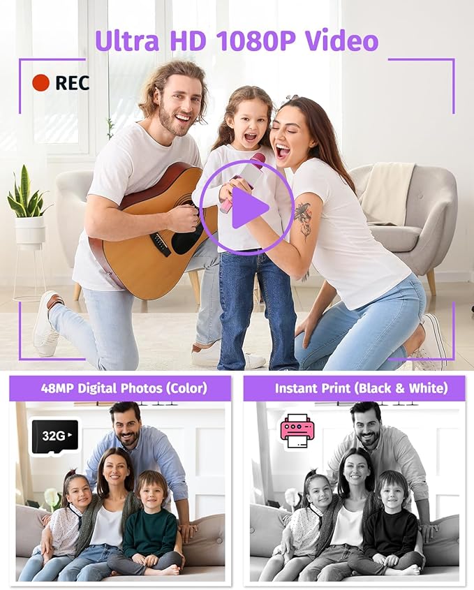 Instant Camera, Dual-Lens Kids Camera Instant Print for Boys Girls Christmas Birthday Gifts, 1080P Digital Cameras for Kids Teens with Print Paper, 32GB Card, Toddle Toy for Age 4-12 Years(Purple)