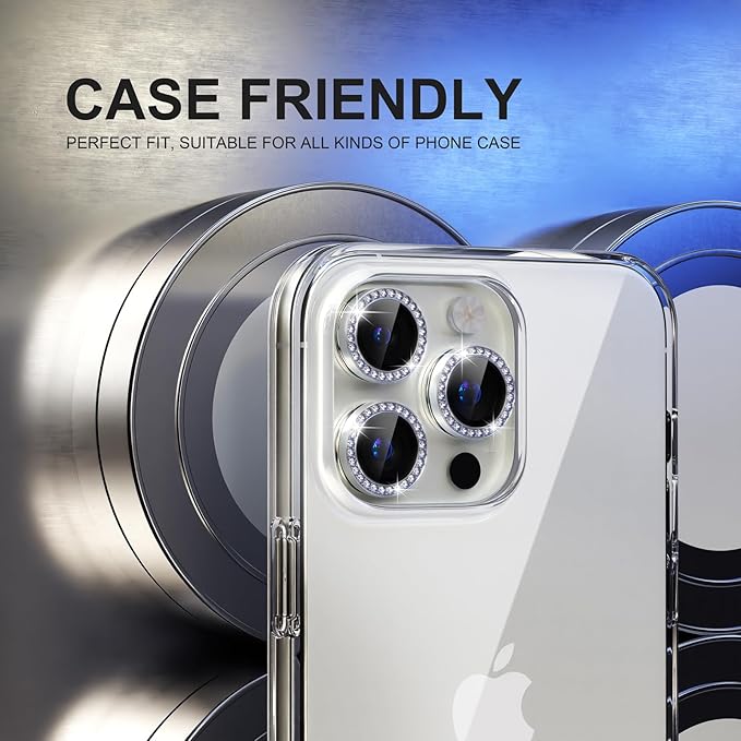 Choiche Compatible for iPhone 15 Pro/iPhone 15 Pro Max Camera Lens Protector Bling, 9H Tempered Glass Camera Cover Screen Protector Metal Ring Decoration Accessories (Diamond-Silver)