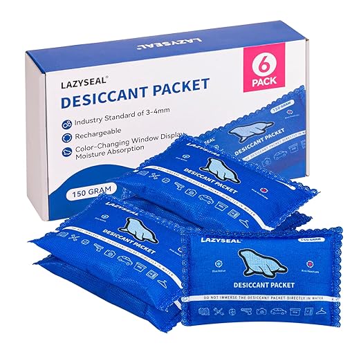 150g (6 Pack) Reusable Silica Gel Desiccant Packs for Storage Spaces Color-Changing Indicator Reusable Desiccant Packs for Storage Boxes, Wardrobes, Electronic Devices, 3D Printing Materials