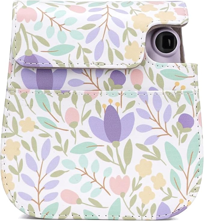 Frankmate PU Leather Camera Case Compatible with Fujifilm Instax Mini 11 12 Instant Camera with Adjustable Strap and Pocket (Flowers Green)