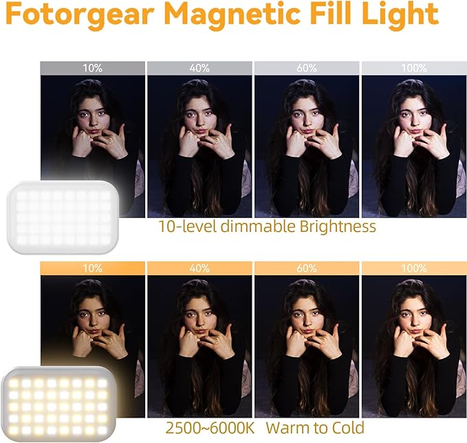 Fotorgear Universal Magnetic Selfie Light for All Smartphones & Gimbals, Slim LED Vlog Fill Light with 3 Color modes, Compatible with iPhone DJI, Insta360