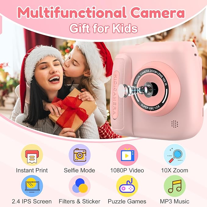 Kids Camera Instant Print, Kids Instant Camera with 1080P Videos, Christmas Birthday Gifts for Girls Boys Age 3-12, Portable Toddler Travel Digital Print Toy for 3 4 5 6 7 8 9 10 11 12 Year Old, Pink